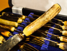 Load image into Gallery viewer, Set of 6 Steak knives and forks with antler handles, approx age from 1970's, gold plated, in box
