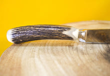 Load image into Gallery viewer, Steak knife and fork set with antler handles, approx age from 1970's, 1 knife, 1 fork