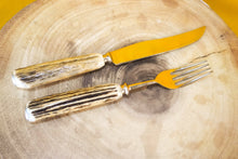Load image into Gallery viewer, Steak knife and fork set with antler handles, approx age from 1970's, 1 knife, 1 fork