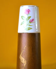 Load image into Gallery viewer, Vitage wood & ceramic salt shaker / Pot, Shabby Chic Pink Flower Floral , Old Tableware Kitchenalia