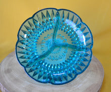 Load image into Gallery viewer, Vintage candy dish green depression glass, 3 section divided , for candy, nuts, sauce, etc, bowl dish