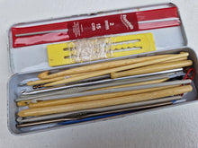 Load image into Gallery viewer, Vintage A.W. Parker "Vector" Pencil Tin, Knitting Tin w/ Knitting Goodies, Knitting Travel Kit, Retro Knitting Supplies In Tin