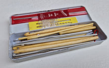 Load image into Gallery viewer, Vintage A.W. Parker "Vector" Pencil Tin, Knitting Tin w/ Knitting Goodies, Knitting Travel Kit, Retro Knitting Supplies In Tin
