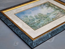 Load image into Gallery viewer, Vintage Watercolour Painting Print In Green Marble Effect Wooden Frame with Gold Tone Border, Painting by Uknown Artist Name Langton