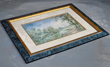 Load image into Gallery viewer, Vintage Watercolour Painting Print In Green Marble Effect Wooden Frame with Gold Tone Border, Painting by Uknown Artist Name Langton