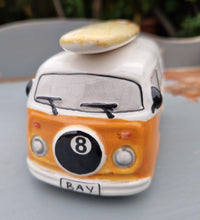 Load image into Gallery viewer, Ceramic Camper Van with Surfboard Figure Yellow 8 Ball Salt / Pepper Shaker Spice Pot