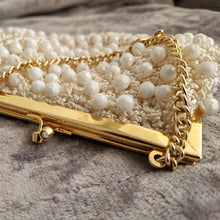 Load image into Gallery viewer, Vintage 1960s White Beaded Crochet Evening Purse with Gold-Tone Frame and Chain Handle