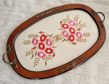 Load image into Gallery viewer, Vintage Glass-Topped Vanity Tray with Red and Pink Floral Embroidery – Elegant Retro Charm