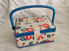 Load image into Gallery viewer, Vintage 1980s Retro Floral Sewing Basket – Rectangular Shape with Blue, Pink & Red Flowers