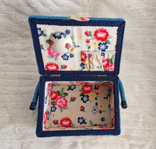 Load image into Gallery viewer, Vintage 1980s Retro Floral Sewing Basket – Rectangular Shape with Blue, Pink & Red Flowers