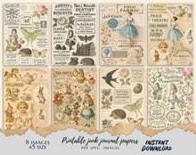 Load image into Gallery viewer, Printable Junk Journal Papers | 8 Vintage A5 Collage Pages | Digital Ephemera Kit | Instant Download | Antique Advertisements, Alice in Wonderland, Natural History | JPEG & PDF