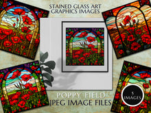 Load image into Gallery viewer, Stained Glass Window Style Artwork Graphics: Poppy flower field scene with blooming flowers & fileds, Floral, 5 Digital Download Jpeg Images