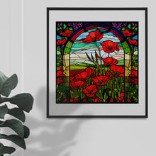 Load image into Gallery viewer, Stained Glass Window Style Artwork Graphics: Poppy flower field scene with blooming flowers & fileds, Floral, 5 Digital Download Jpeg Images