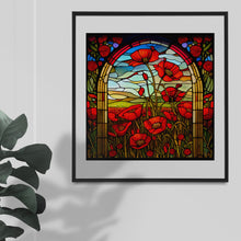 Load image into Gallery viewer, Stained Glass Window Style Artwork Graphics: Poppy flower field scene with blooming flowers & fileds, Floral, 5 Digital Download Jpeg Images