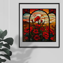 Load image into Gallery viewer, Stained Glass Window Style Artwork Graphics: Poppy flower field scene with blooming flowers & fileds, Floral, 5 Digital Download Jpeg Images