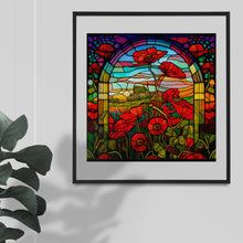 Load image into Gallery viewer, Stained Glass Window Style Artwork Graphics: Poppy flower field scene with blooming flowers & fileds, Floral, 5 Digital Download Jpeg Images
