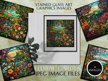 Load image into Gallery viewer, Stained Glass Window Style Artwork Graphics: Colorful flower garden scene with blooming flowers & lush foliage, Digital Download Jpeg Images