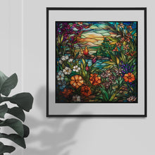 Load image into Gallery viewer, Stained Glass Window Style Artwork Graphics: Colorful flower garden scene with blooming flowers & lush foliage, Digital Download Jpeg Images