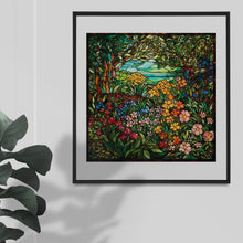 Load image into Gallery viewer, Stained Glass Window Style Artwork Graphics: Colorful flower garden scene with blooming flowers & lush foliage, Digital Download Jpeg Images
