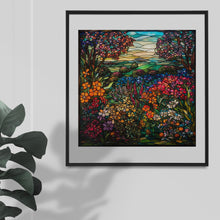 Load image into Gallery viewer, Stained Glass Window Style Artwork Graphics: Colorful flower garden scene with blooming flowers & lush foliage, Digital Download Jpeg Images
