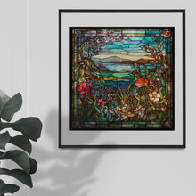 Load image into Gallery viewer, Stained Glass Window Style Artwork Graphics: Colorful flower garden scene with blooming flowers & lush foliage, Digital Download Jpeg Images