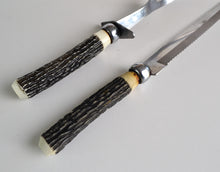 Load image into Gallery viewer, Vintage! Bone / Antler Sterling Handle Meat Fork and Knife, Bakelite