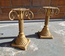 Load image into Gallery viewer, Pair Gold Tone Heavy Metal Candlestick Candle Holders
