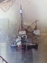 Load image into Gallery viewer, Fishing Trawler by Andres Orpinas, Vintage Framed Art Print, Boats and Seagulls
