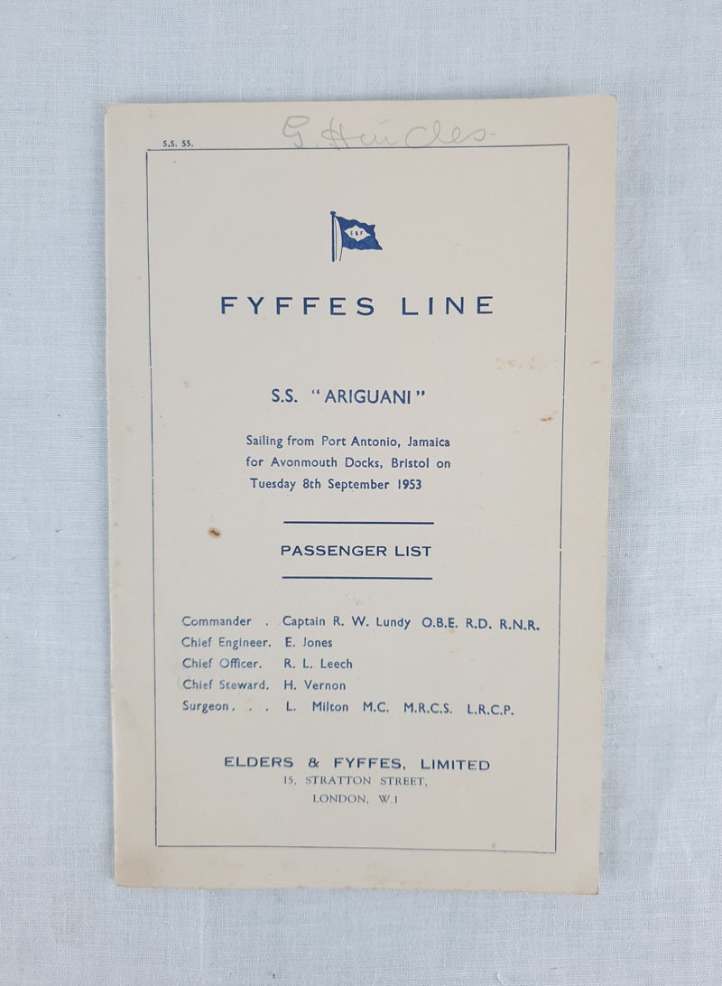 Vintage Fyffe Line S.S "Ariguani" Sailing Ship Passenger List.  Tuesday Sept 1953, Collect
