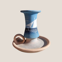 Load image into Gallery viewer, Vintage Agios Nikolaos Stoneware Candlestick Chamber Stick , Hand Painted , Nautical Sea Sail Boat S
