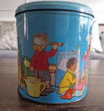 Load image into Gallery viewer, Vintage Children Playing Chef and Baker with Ingredients Blue Tin Metal Canister
