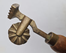 Load image into Gallery viewer, Brass Pastry Crimper Cutter Tool with Diamond Shaped Marker Wooden Handle RARE
