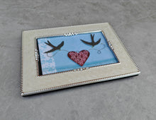 Load image into Gallery viewer, Cream and Silver Photo Frame with Crystal Accents | Romantic Bird &amp; Heart Design | Freestanding or W
