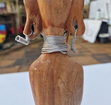 Load image into Gallery viewer, Vintage Wood Carved African Tribal Statue Figure Warrior Hunter With Hunting Sticks and Metal Neckla
