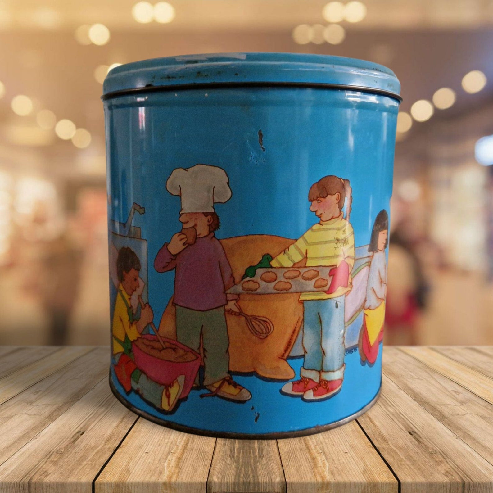 Vintage Children Playing Chef and Baker with Ingredients Blue Tin Metal Canister