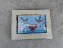 Load image into Gallery viewer, Cream and Silver Photo Frame with Crystal Accents | Romantic Bird &amp; Heart Design | Freestanding or W
