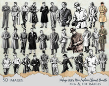 Load image into Gallery viewer, 50 Vintage 1930s Men Fashion Clipart PNG Bundle, Retro Gentleman Illustrations
