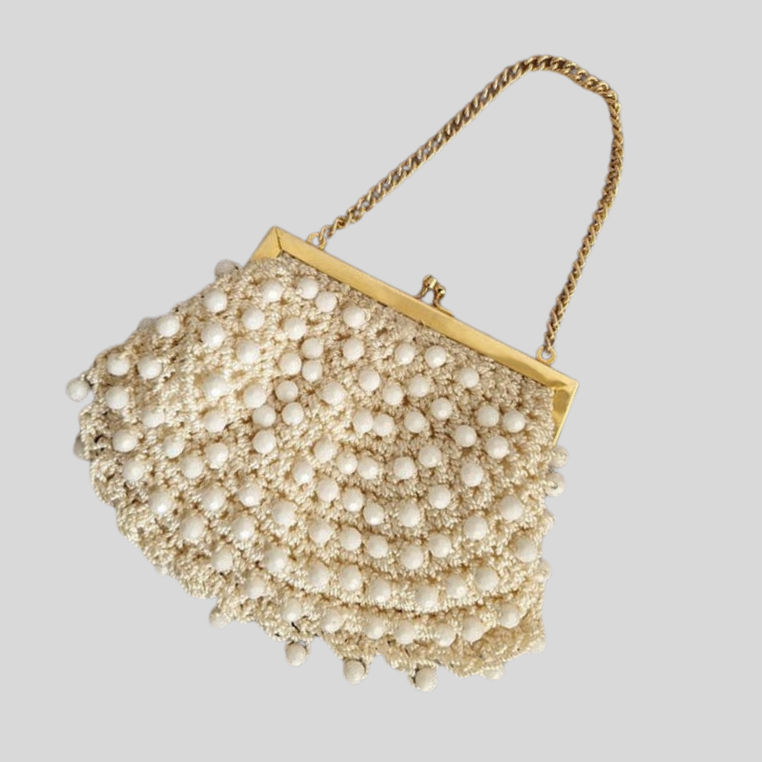 Vintage 1960s White Beaded Crochet Evening Purse with Gold-Tone Frame and Chain Handle