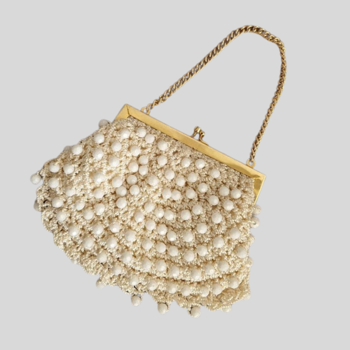 Vintage 1960s White Beaded Crochet Evening Purse with Gold-Tone