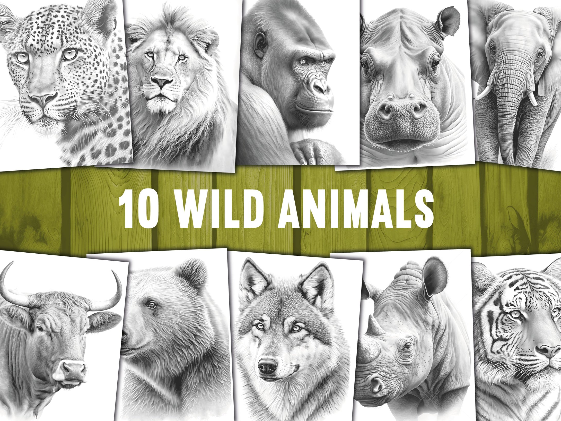 10 Wild Animals Coloring Book – For Adults and Kids | Grayscale Coloring Pages | Instant Download | Printable PDF