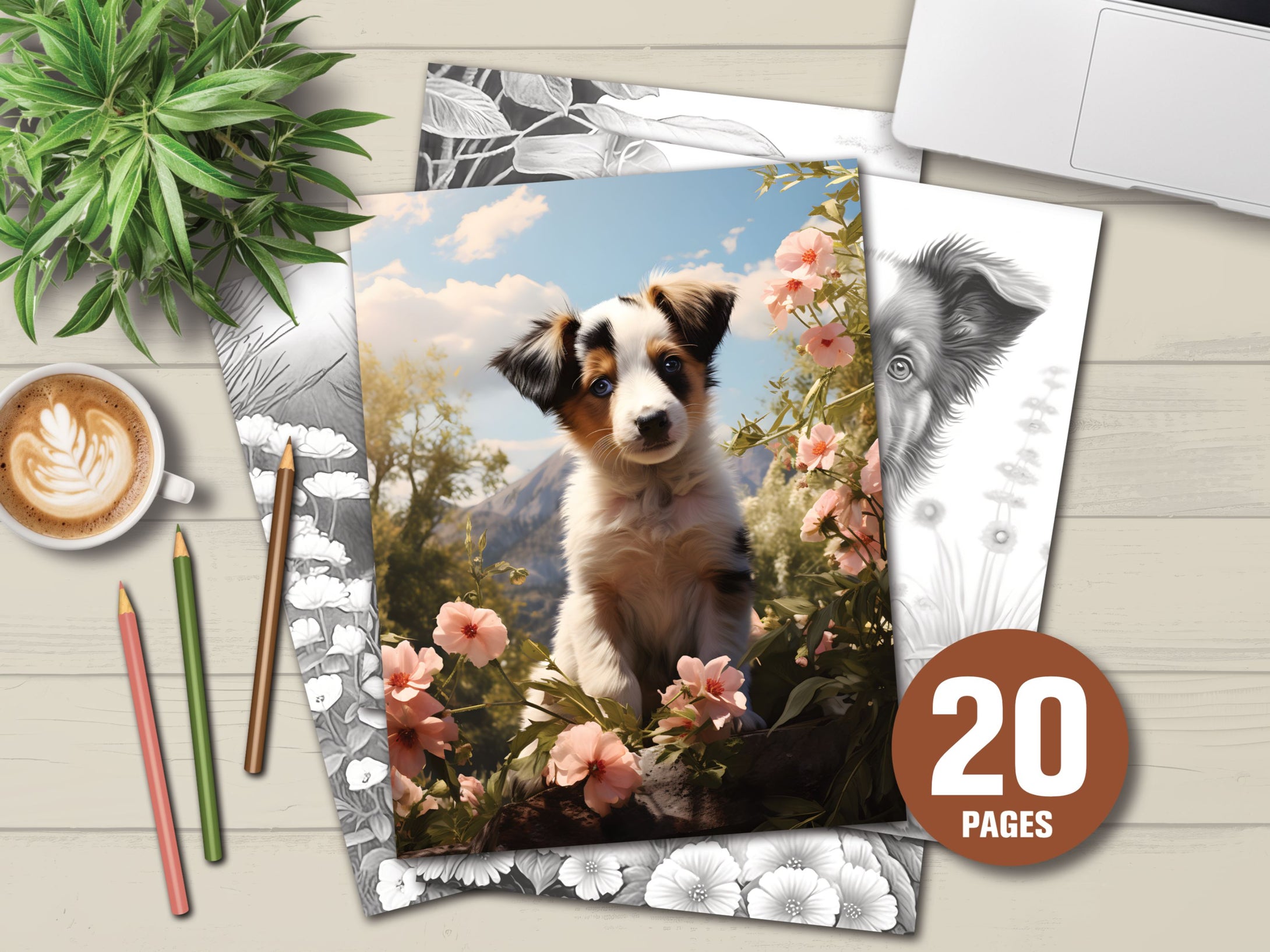 20 Cute Young Dogs Coloring Book – For Adults and Kids | Grayscale Coloring Pages | Instant Download | Printable PDF