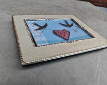 Load image into Gallery viewer, Cream and Silver Photo Frame with Crystal Accents | Romantic Bird &amp; Heart Design | Freestanding or W
