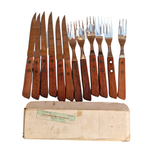 Load image into Gallery viewer, Vintage 1960s Rosewood Handle Stainless Steel Steak Knives and Fork Set
