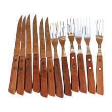 Load image into Gallery viewer, Vintage 1960s Rosewood Handle Stainless Steel Steak Knives and Fork Set
