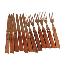 Load image into Gallery viewer, Vintage 1960s Rosewood Handle Stainless Steel Steak Knives and Fork Set
