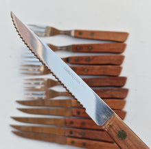 Load image into Gallery viewer, Vintage 1960s Rosewood Handle Stainless Steel Steak Knives and Fork Set
