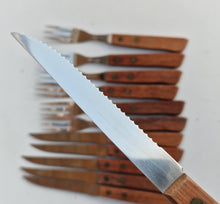 Load image into Gallery viewer, Vintage 1960s Rosewood Handle Stainless Steel Steak Knives and Fork Set
