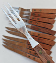 Load image into Gallery viewer, Vintage 1960s Rosewood Handle Stainless Steel Steak Knives and Fork Set
