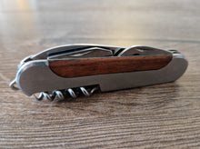 Load image into Gallery viewer, Stainless pocket knife multi-tool with wooden insert in handle , 5 in 1 tool
