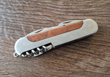 Load image into Gallery viewer, Stainless pocket knife multi-tool with wooden insert in handle , 5 in 1 tool
